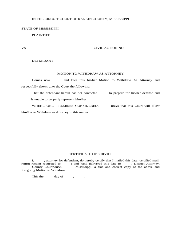 Motion Withdraw Attorney  Form