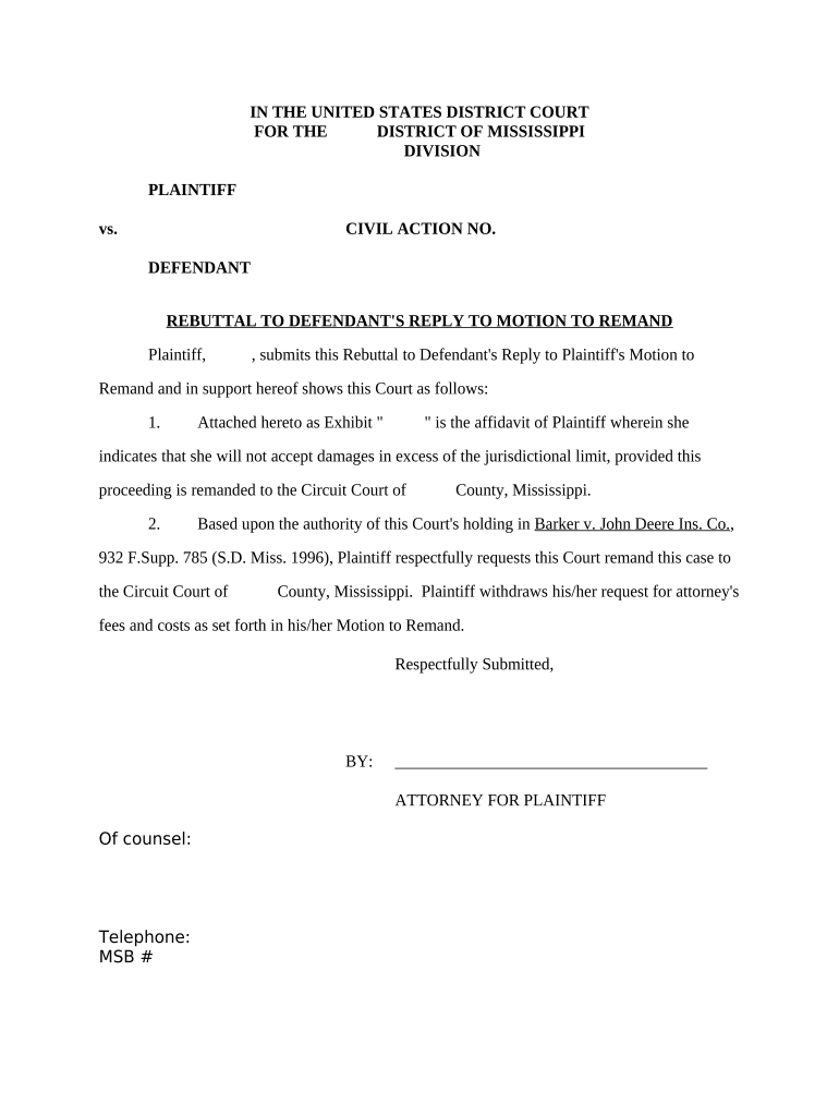 Rebuttal to Defendant's Reply to Motion to Remand Mississippi  Form