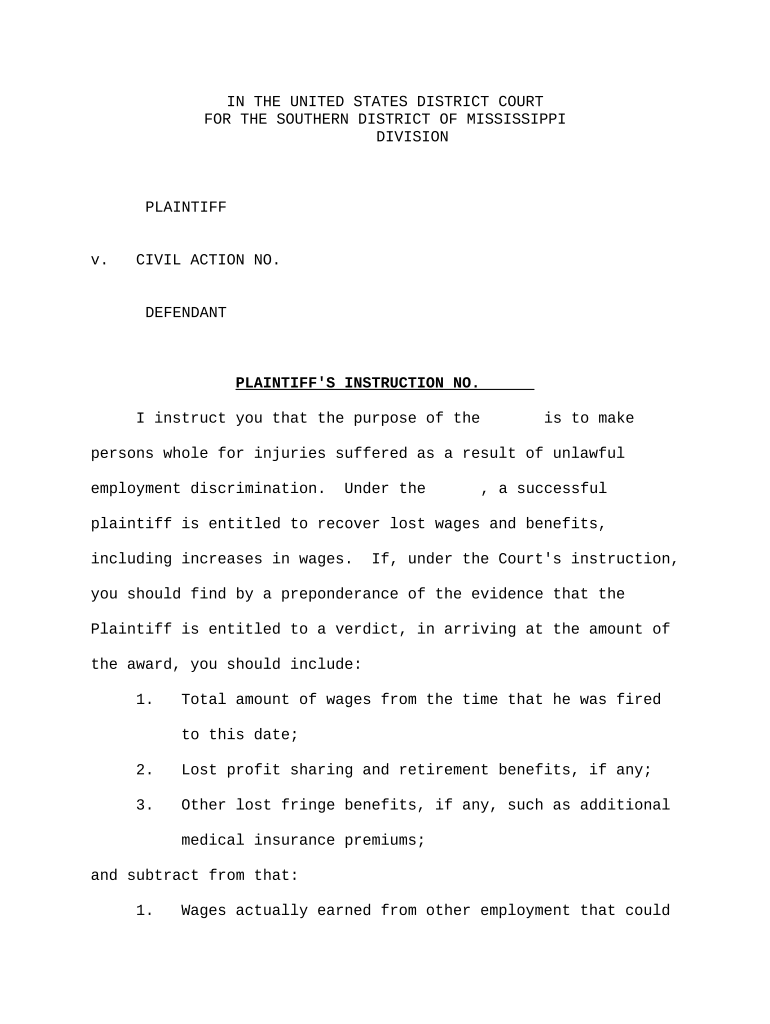 Jury Instruction Damages Lost Wages, Benefits, Etc Mississippi  Form