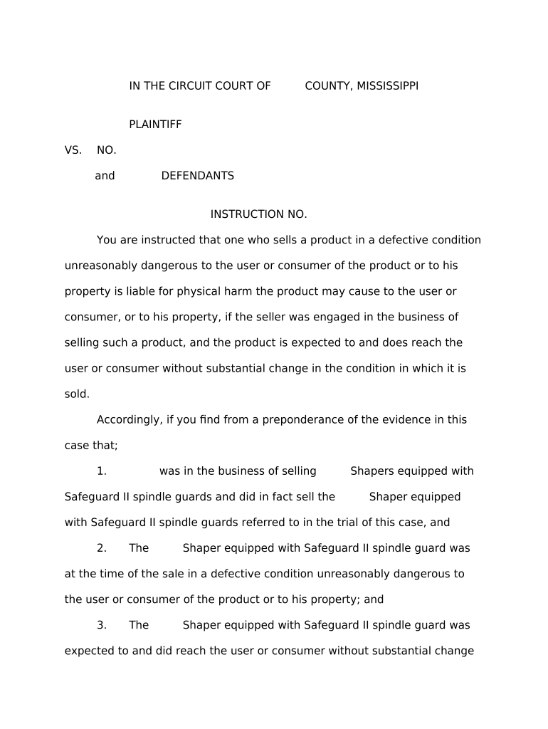 Jury Instruction Defective Product Instruction Against Seller Mississippi  Form