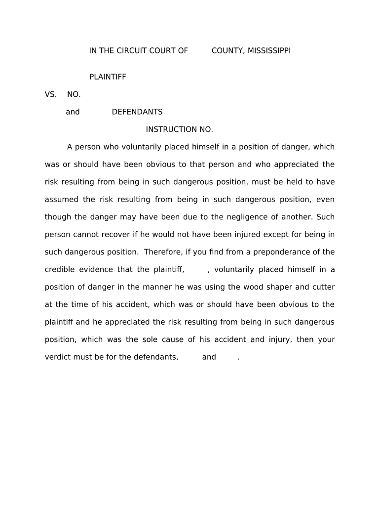 Jury Instruction Assumption of Risk Mississippi  Form