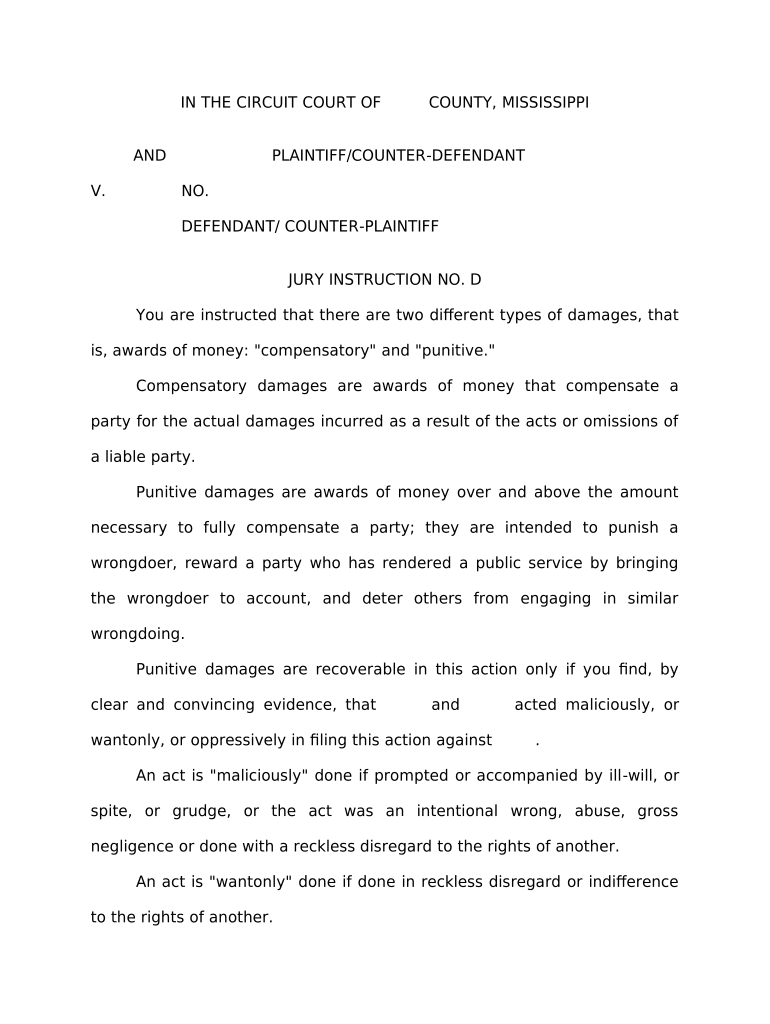 Jury Instruction Damages Instruction Compensatory Vs Punitive Mississippi  Form