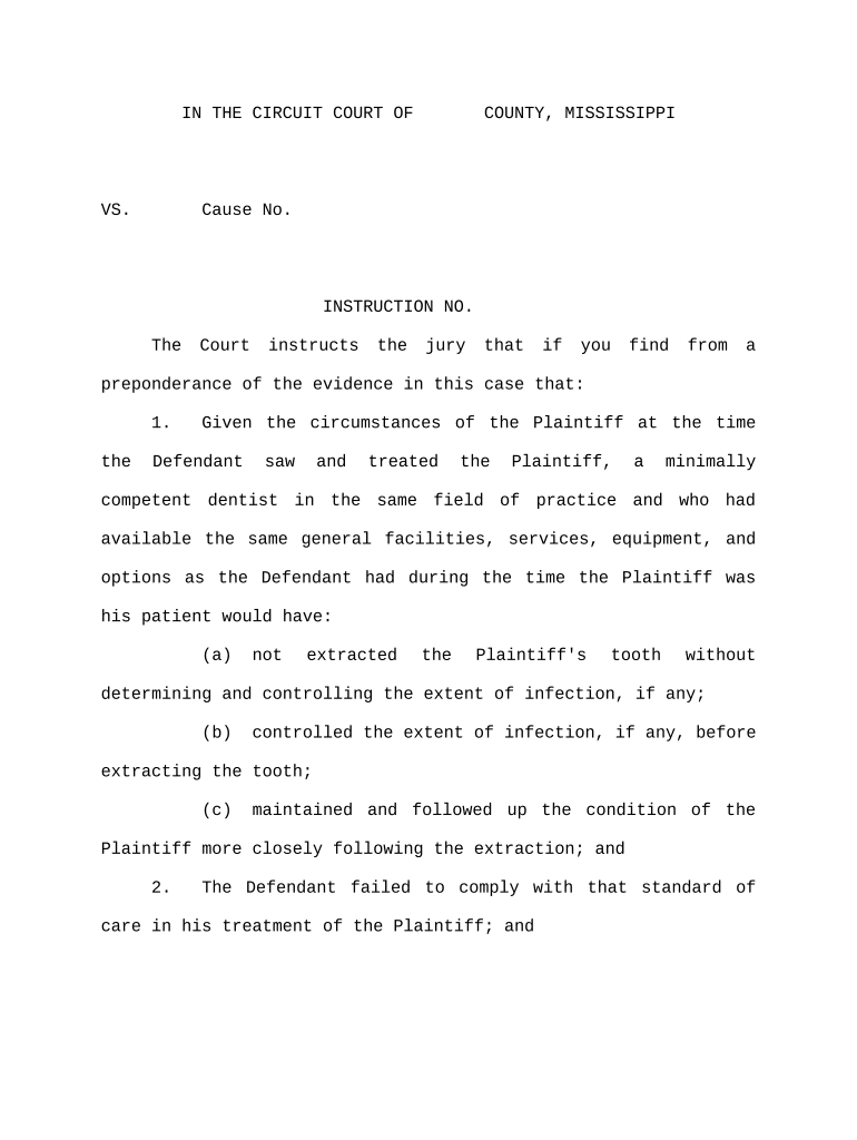 Jury Instruction Elements Dental Malpractice Mississippi  Form