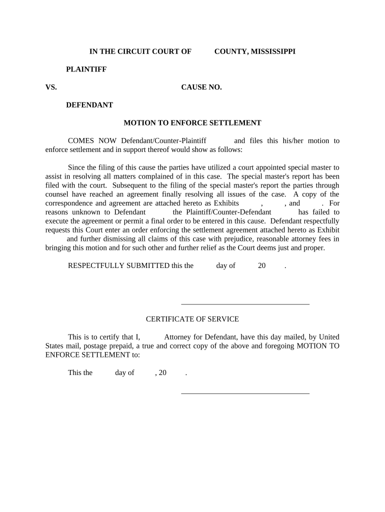 Motion Enforce Agreement  Form