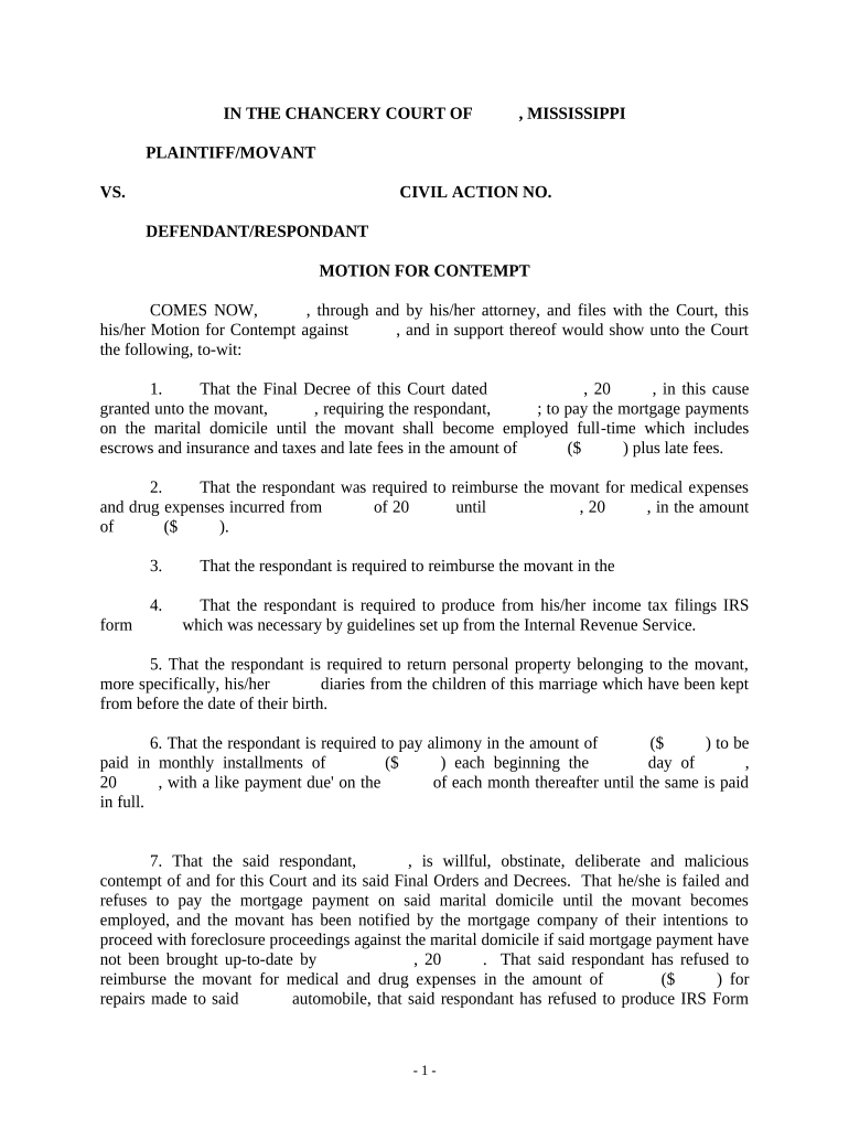 Motion for Contempt Mississippi  Form