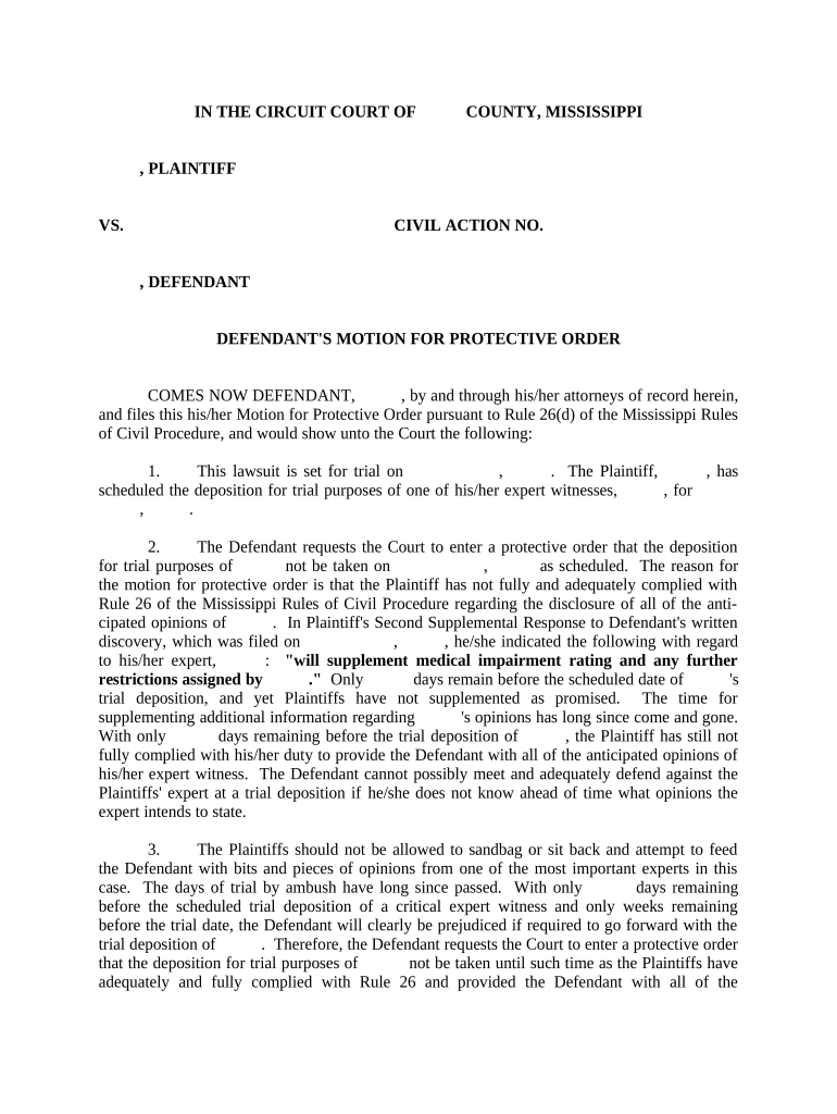 Motion for Protective Order Mississippi  Form