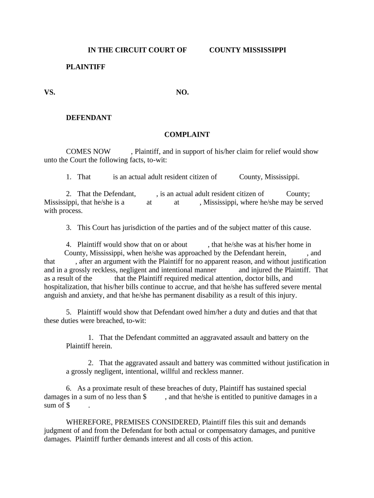 Civil Assault Battery  Form