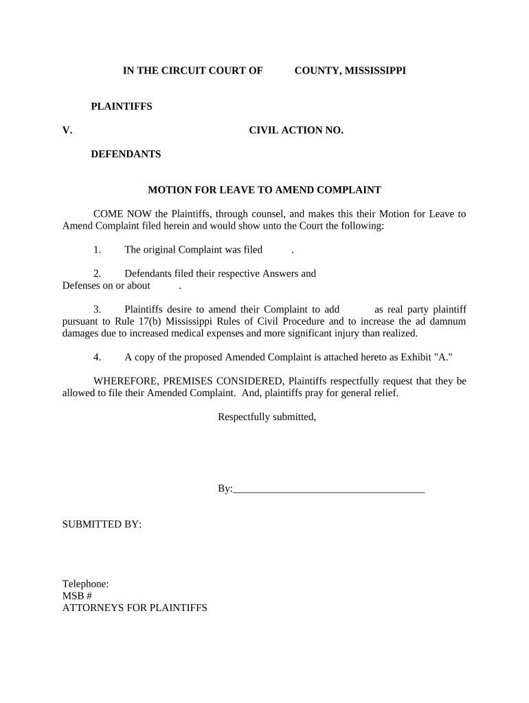 Motion Amend Complaint Form