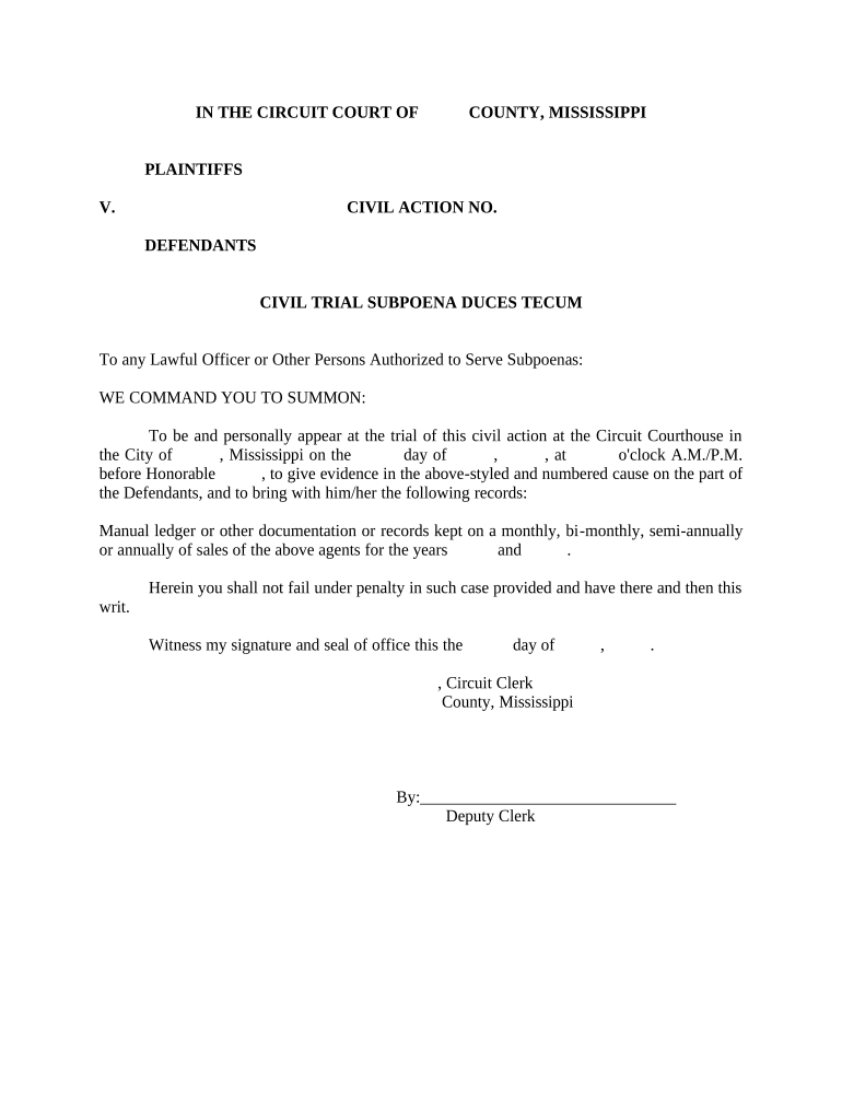 Civil Trial Subpoena Duces Tecum Mississippi  Form