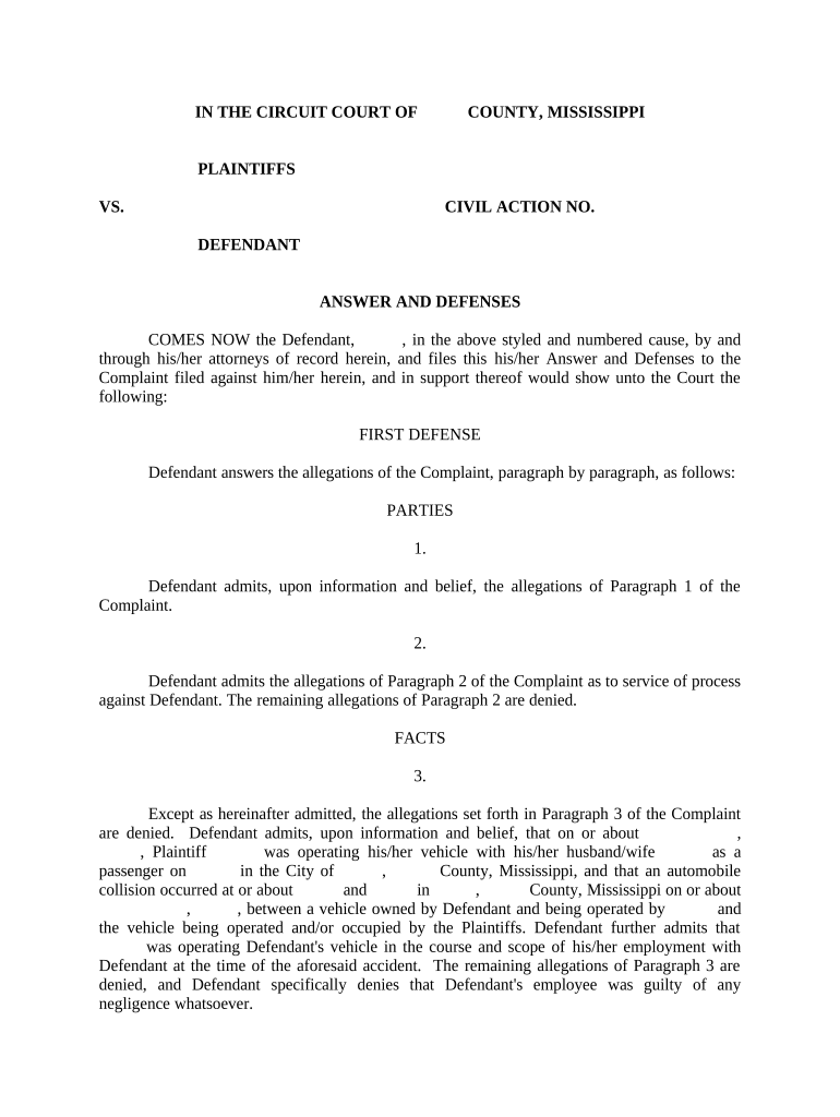 Answer and Defenses Mississippi  Form