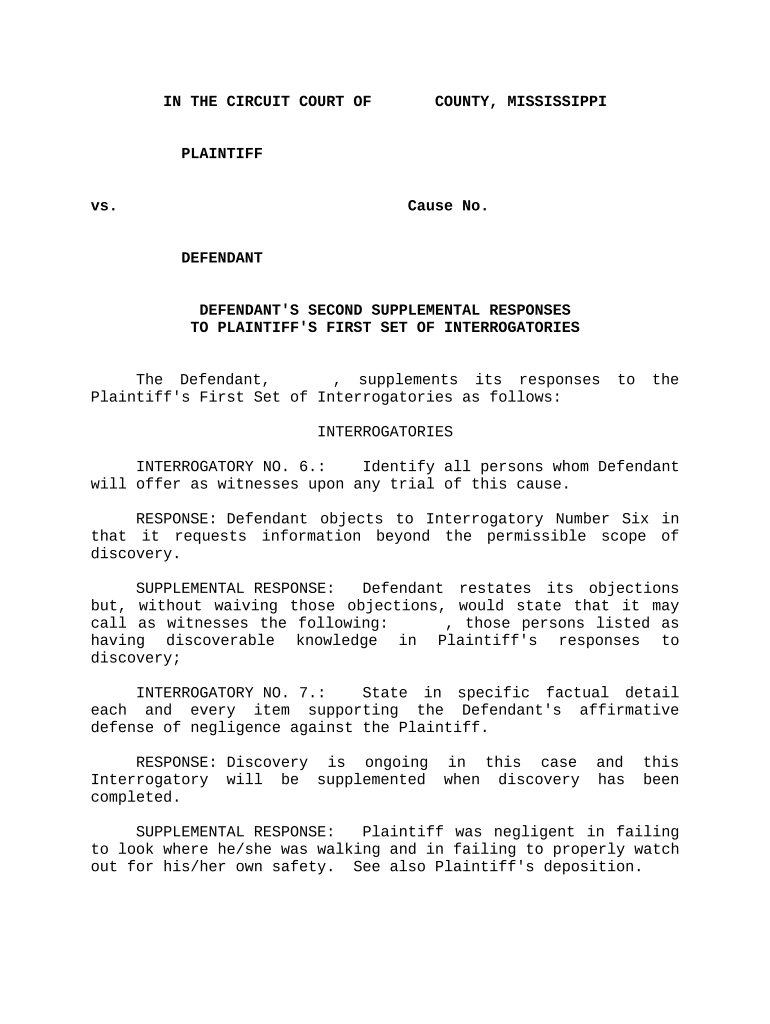 Second Supplemental Responses to Plaintiff's First Set of Interrogatories Mississippi  Form