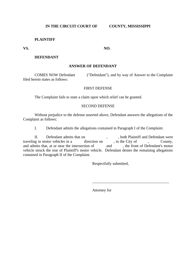 Answer of Defendant Mississippi  Form