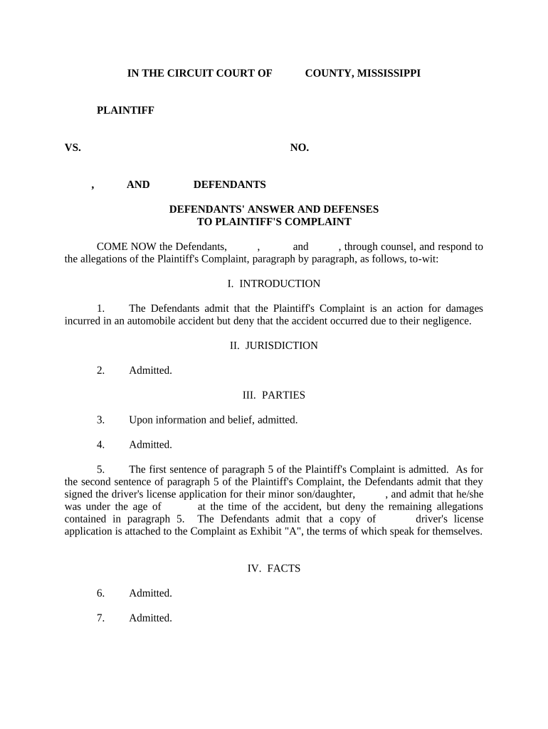 Answer Defendants Complaint  Form