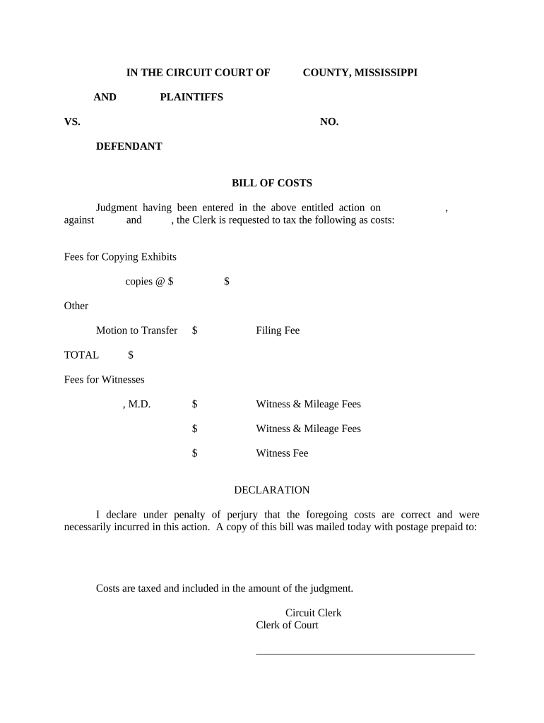 Bill of Cost Mississippi  Form