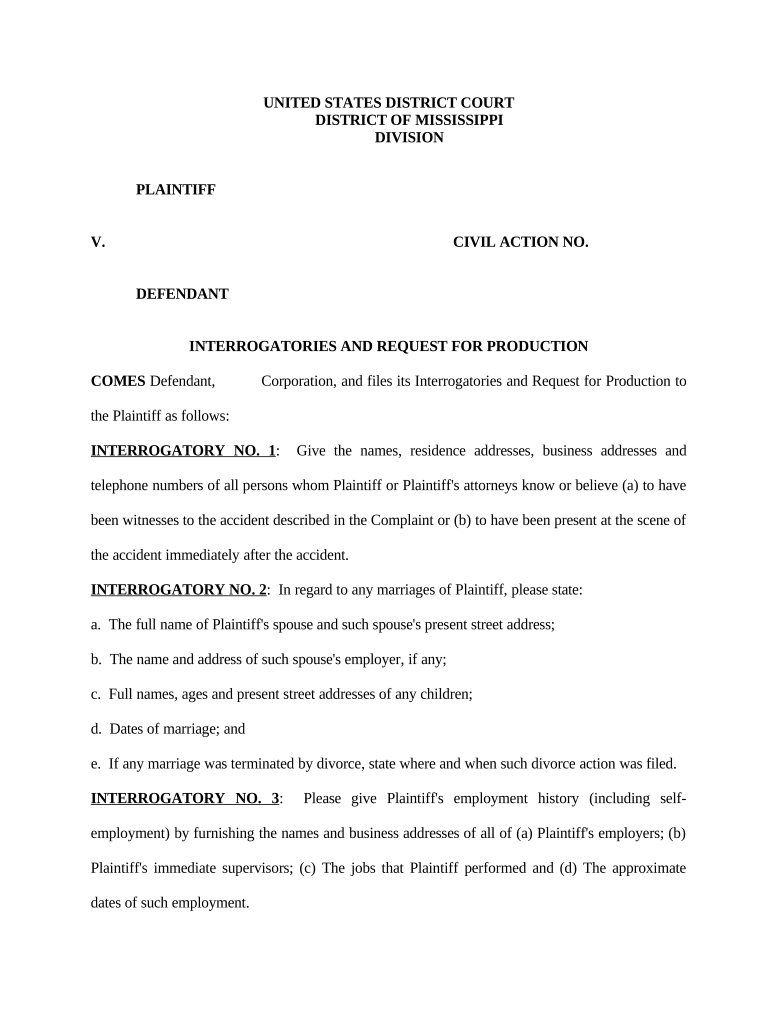 Interrogatories and Request for Production Mississippi  Form