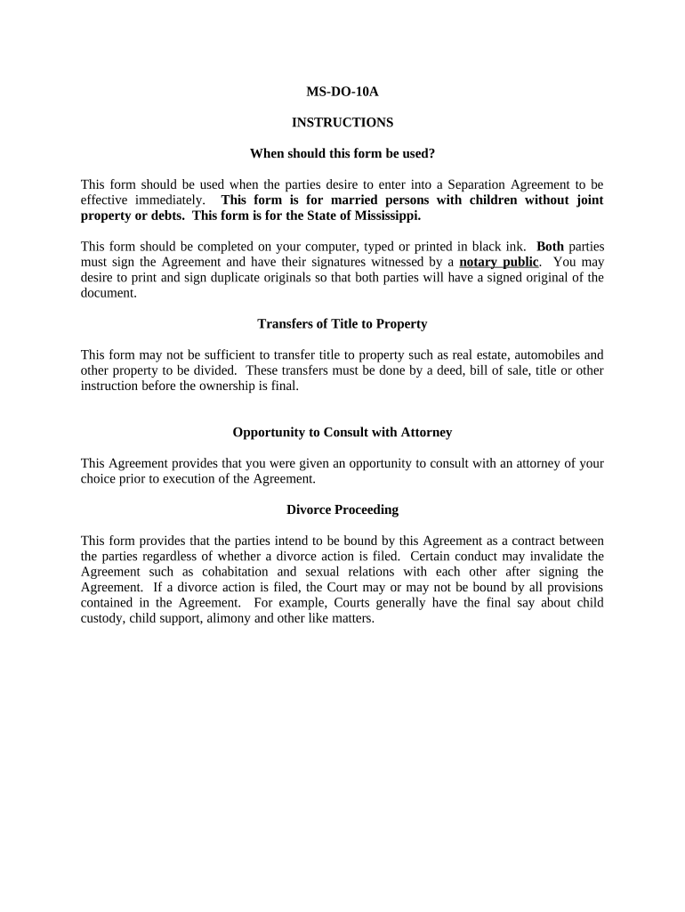 Marital Domestic Separation and Property Settlement Agreement Minor Children No Joint Property or Debts Effective Immediately Mi  Form