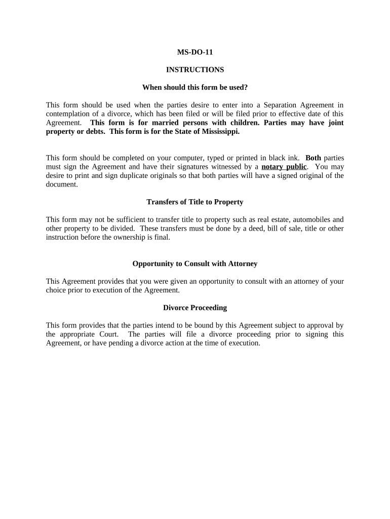 Marital Domestic Separation and Property Settlement Agreement Minor Children Parties May Have Joint Property or Debts Where Divo  Form