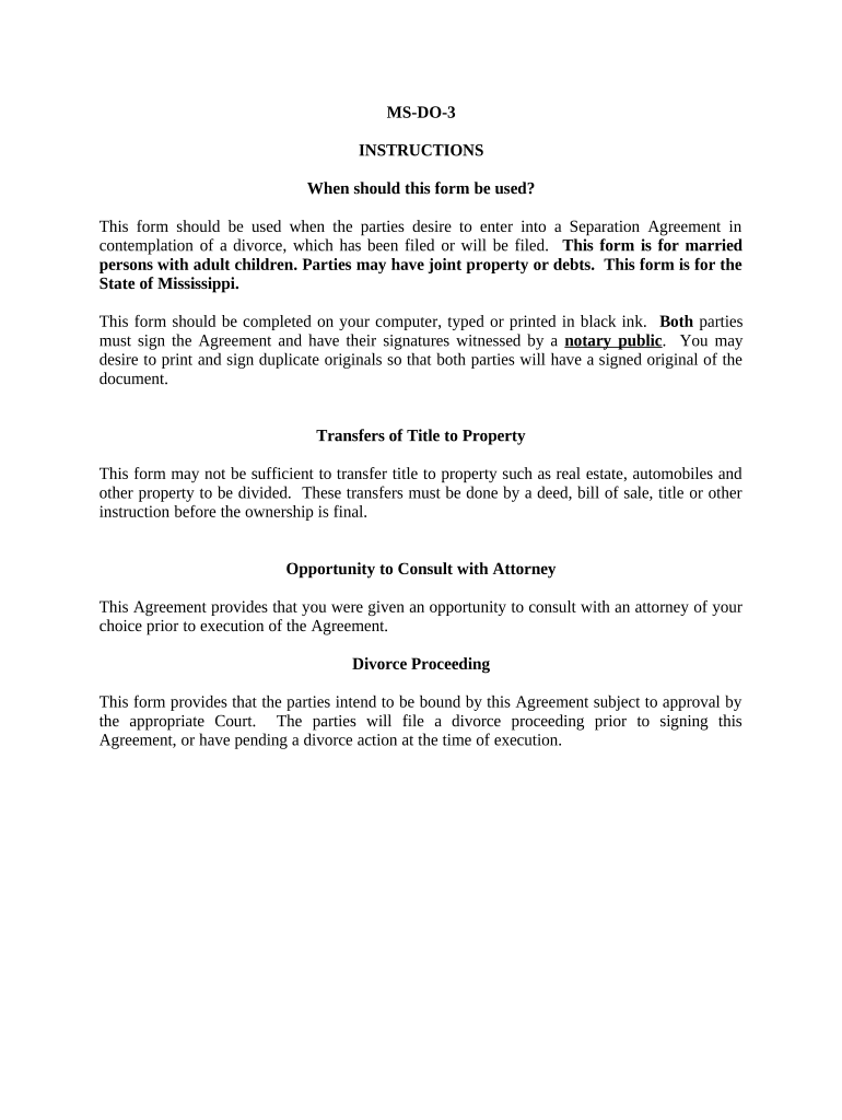 Marital Domestic Separation and Property Settlement Agreement Adult Children Parties May Have Joint Property or Debts Where Divo  Form