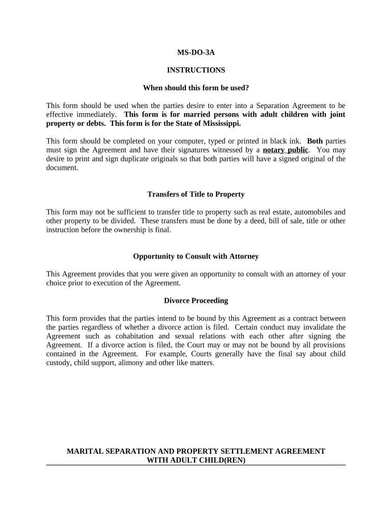 Marital Domestic Separation and Property Settlement Agreement Adult Children Parties May Have Joint Property or Debts Effective   Form