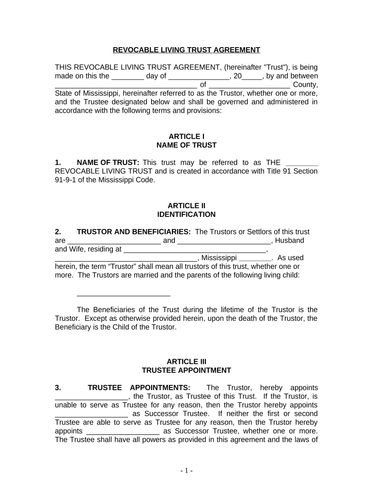 Living Trust for Husband and Wife with One Child Mississippi  Form