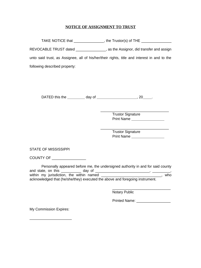 Notice of Assignment to Living Trust Mississippi  Form