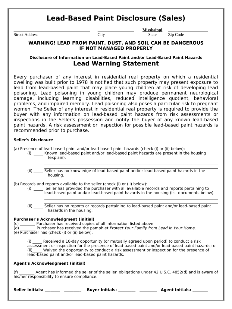 Lead Based Paint Disclosure for Sales Transaction Mississippi  Form