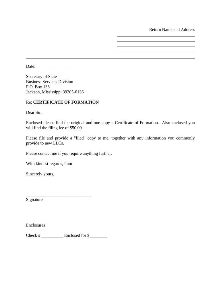 Sample Cover Letter for Filing of LLC Articles or Certificate with Secretary of State Mississippi  Form
