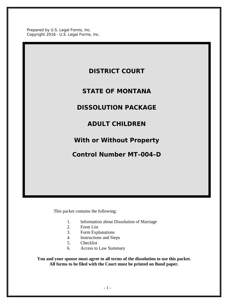 No Fault Uncontested Agreed Divorce Package for Dissolution of Marriage with Adult Children and with or Without Property and Deb  Form