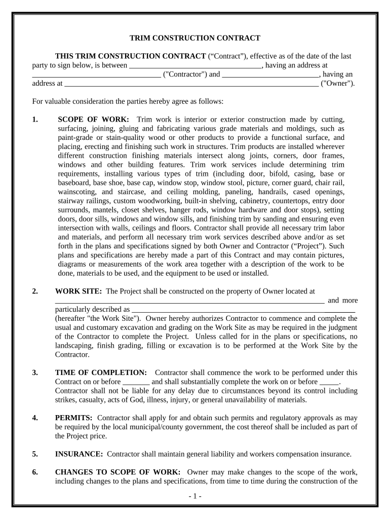 Trim Carpenter Contract for Contractor Montana  Form