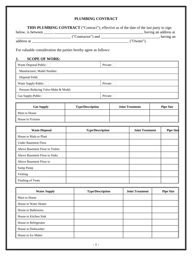 Plumbing Contract for Contractor Montana  Form