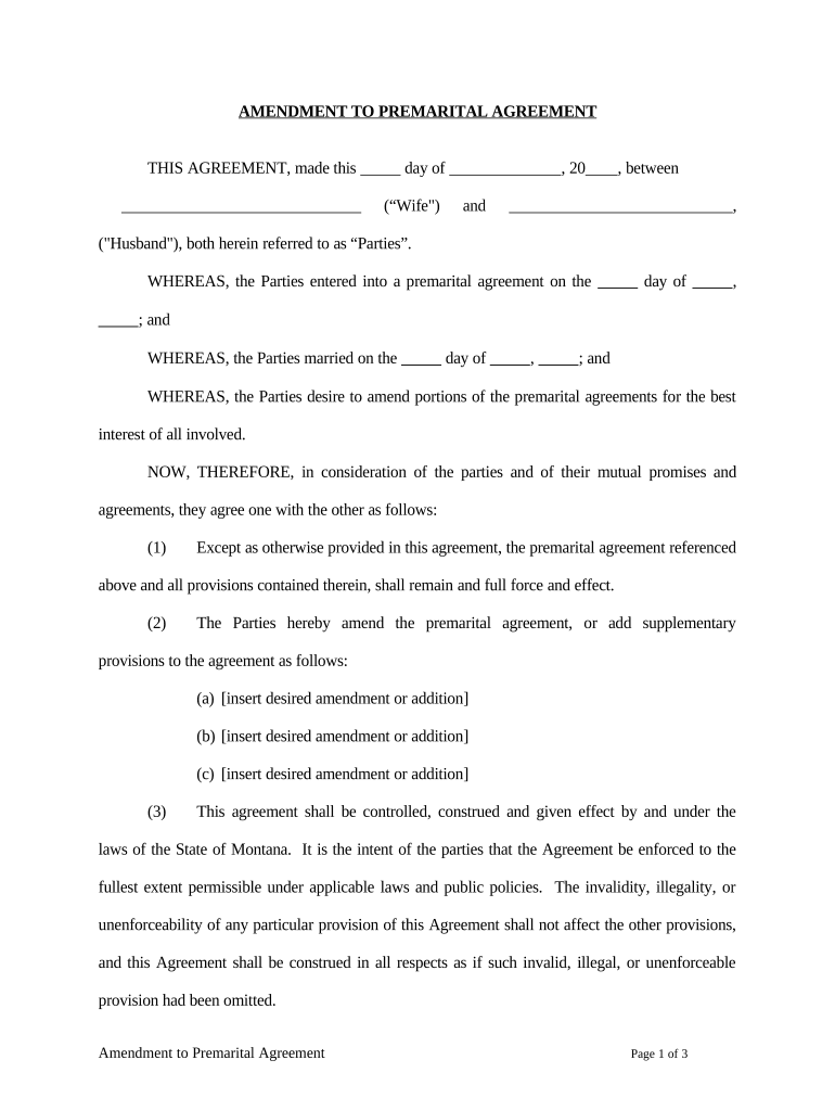 Amendment to Prenuptial or Premarital Agreement Montana  Form