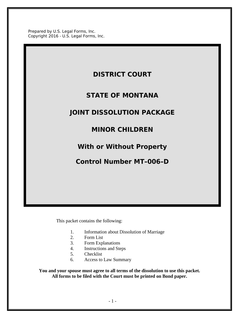 No Fault Agreed Uncontested Divorce Package for Joint Dissolution of Marriage with Minor Children Montana  Form