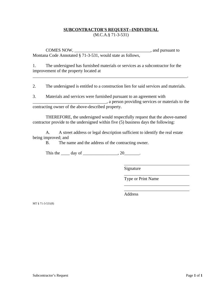 Subcontractor's Request Individual Montana  Form