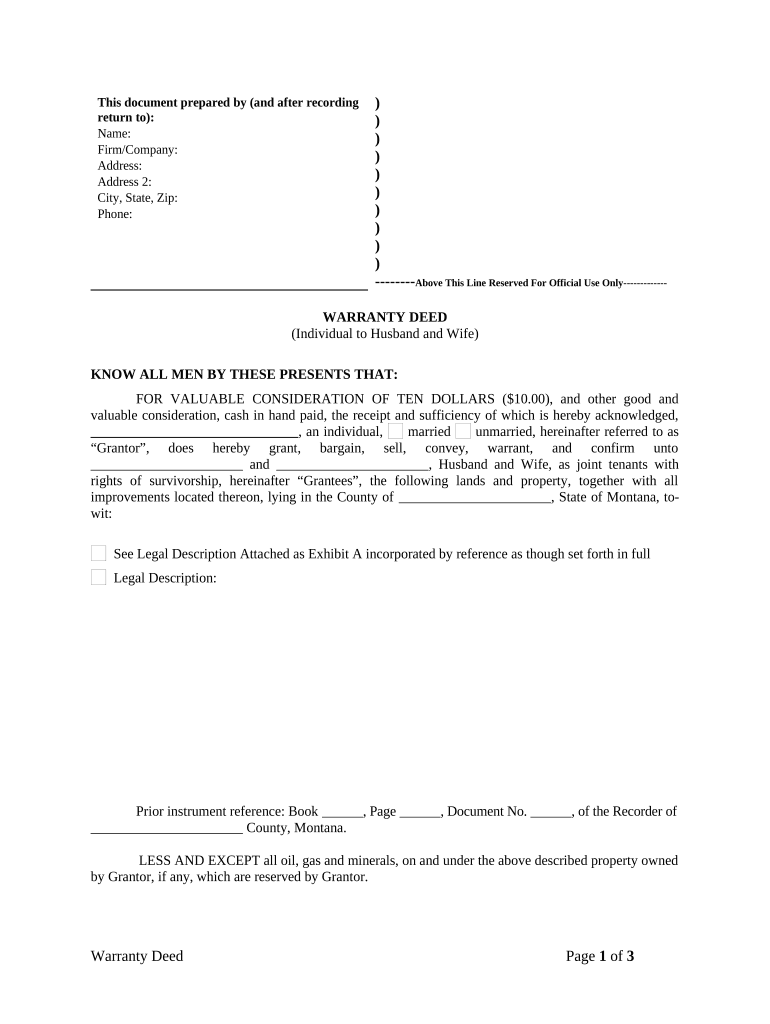 Warranty Deed from Individual to Husband and Wife Montana  Form