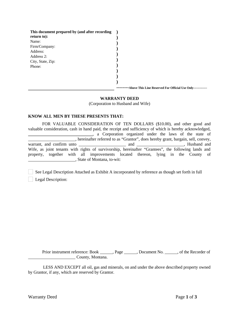 Warranty Deed from Corporation to Husband and Wife Montana  Form