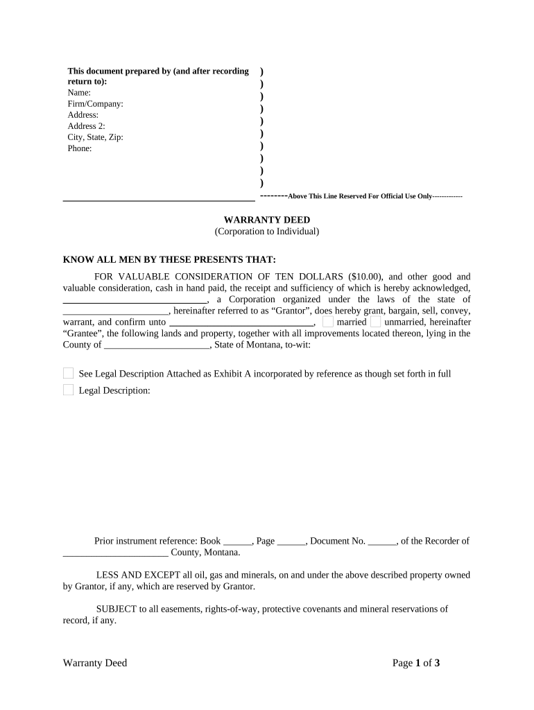 Warranty Deed from Corporation to Individual Montana  Form