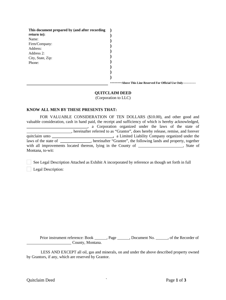 Quitclaim Deed from Corporation to LLC Montana  Form