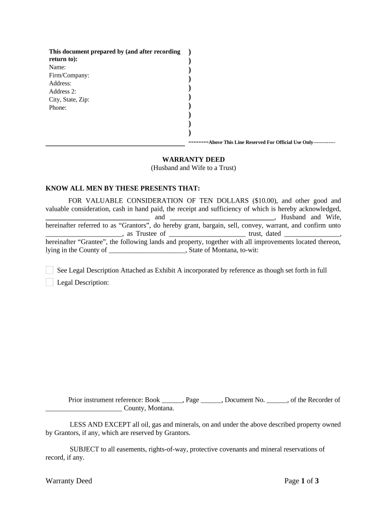 Warranty Deed from Husband and Wife to a Trust Montana  Form