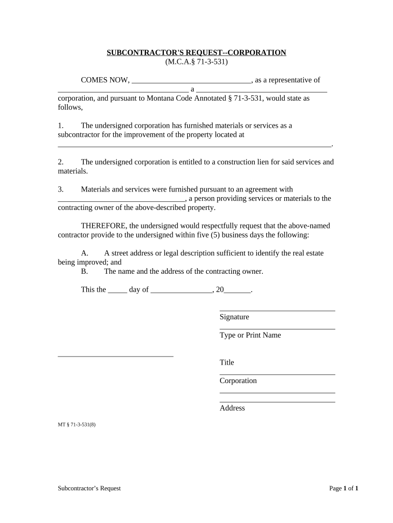 Subcontractor's Request Corporation or LLC Montana  Form