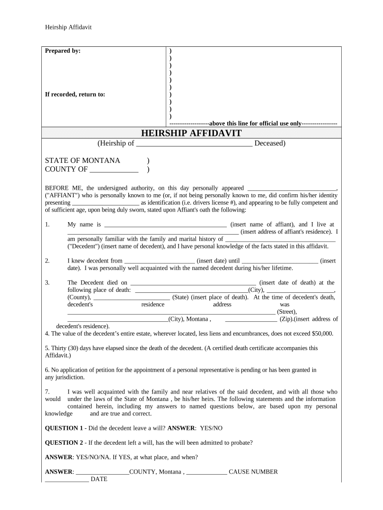 Heirship Affidavit Descent Montana  Form