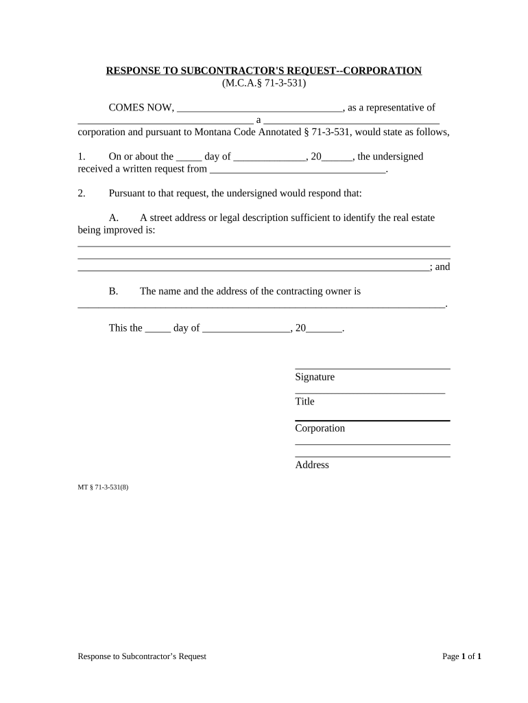Response to Subcontractor's Request Corporation or LLC Montana  Form
