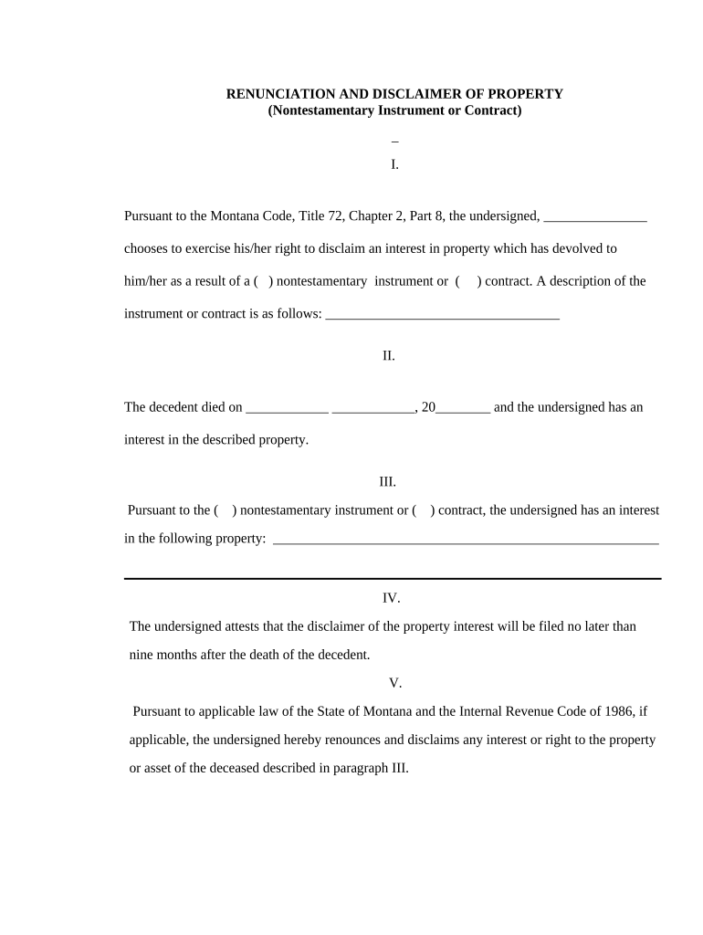 Montana Renunciation and Disclaimer of Property Nontestamentary Instrument or Contract Montana  Form