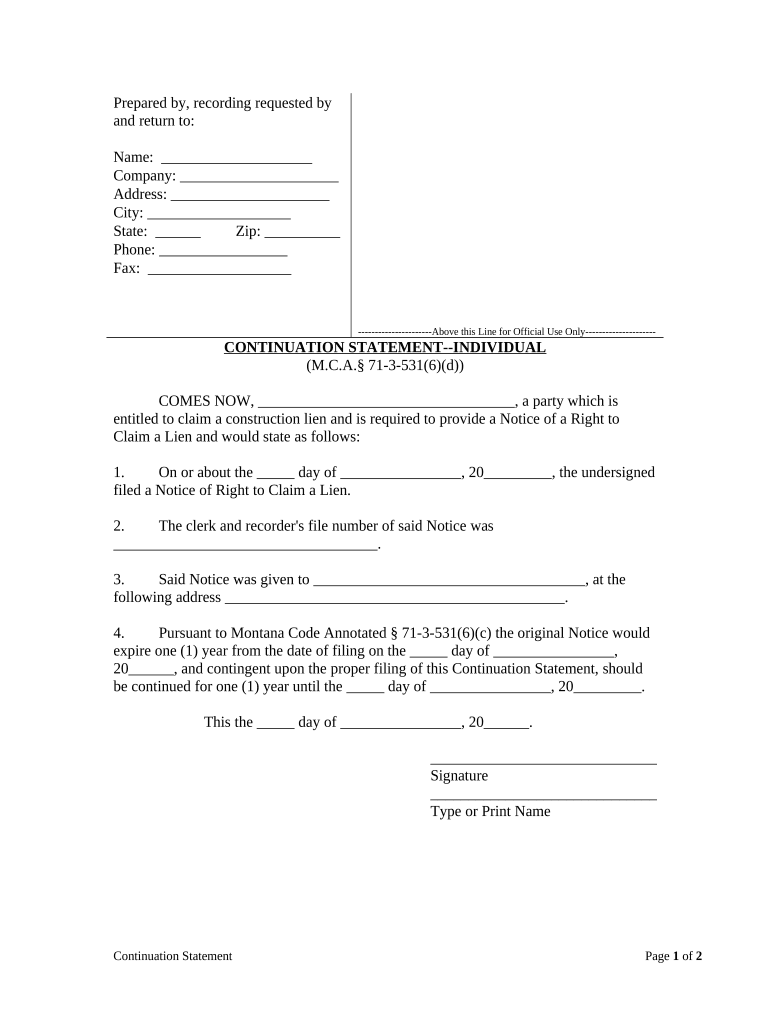 Continuation Statement Individual Montana  Form