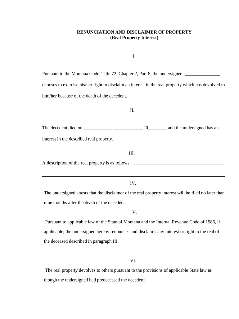 Montana Renunciation and Disclaimer of Real Property Interest Montana  Form