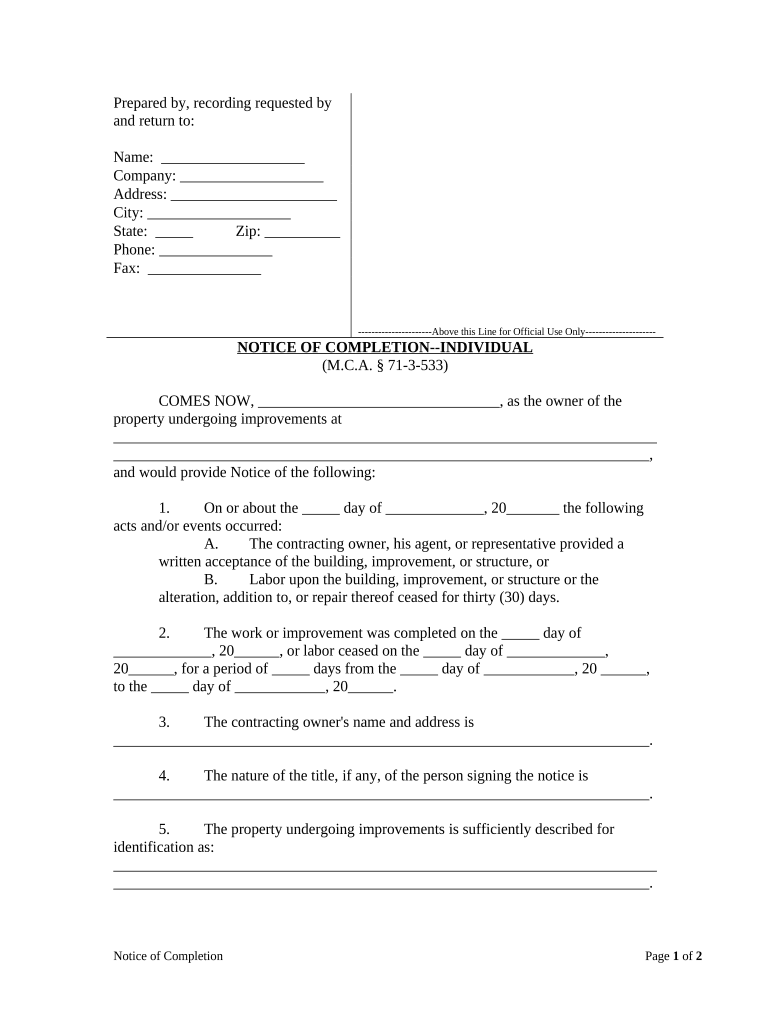 Notice of Completion Individual Montana  Form