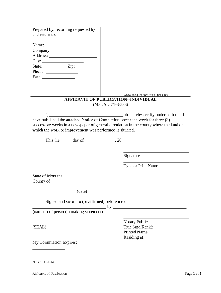 Affidavit of Publication Individual Montana  Form