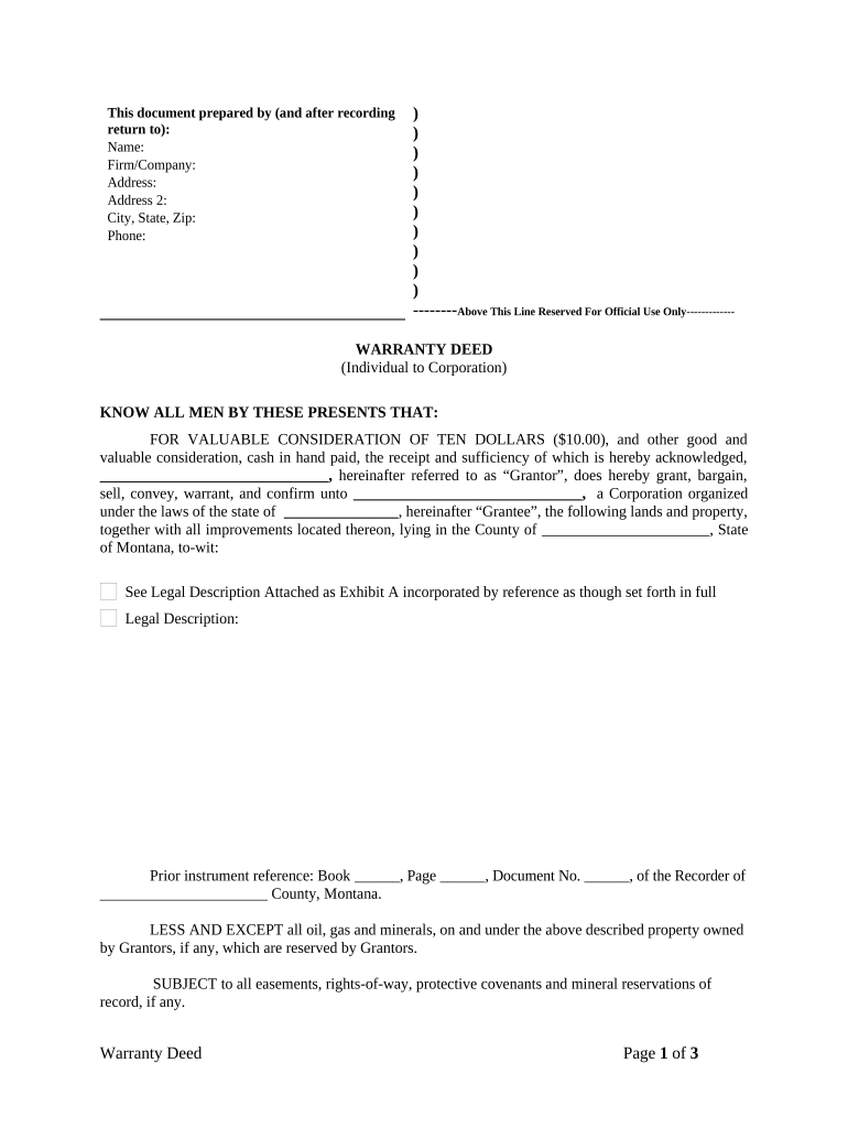 Warranty Deed from Individual to Corporation Montana  Form