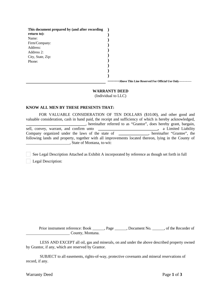 Warranty Deed from Individual to LLC Montana  Form