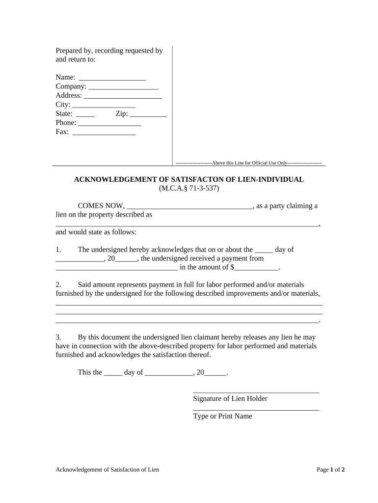 Acknowledgment of Satisfaction of Lien Individual Montana  Form