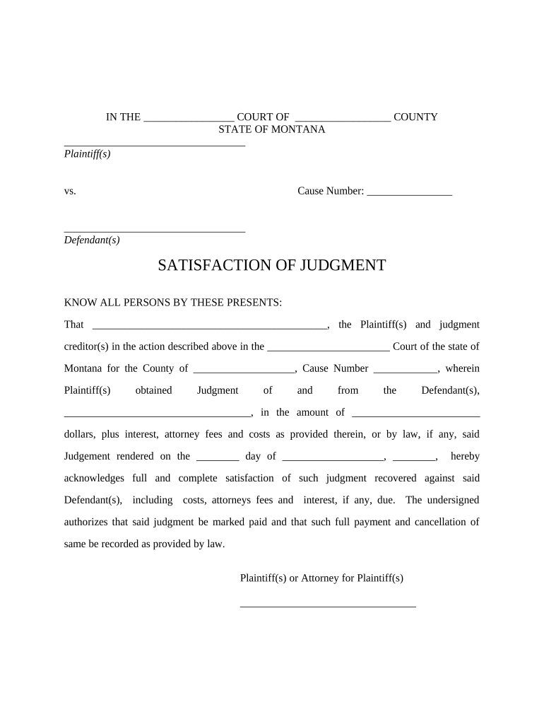 Montana Satisfaction of Judgment Montana  Form